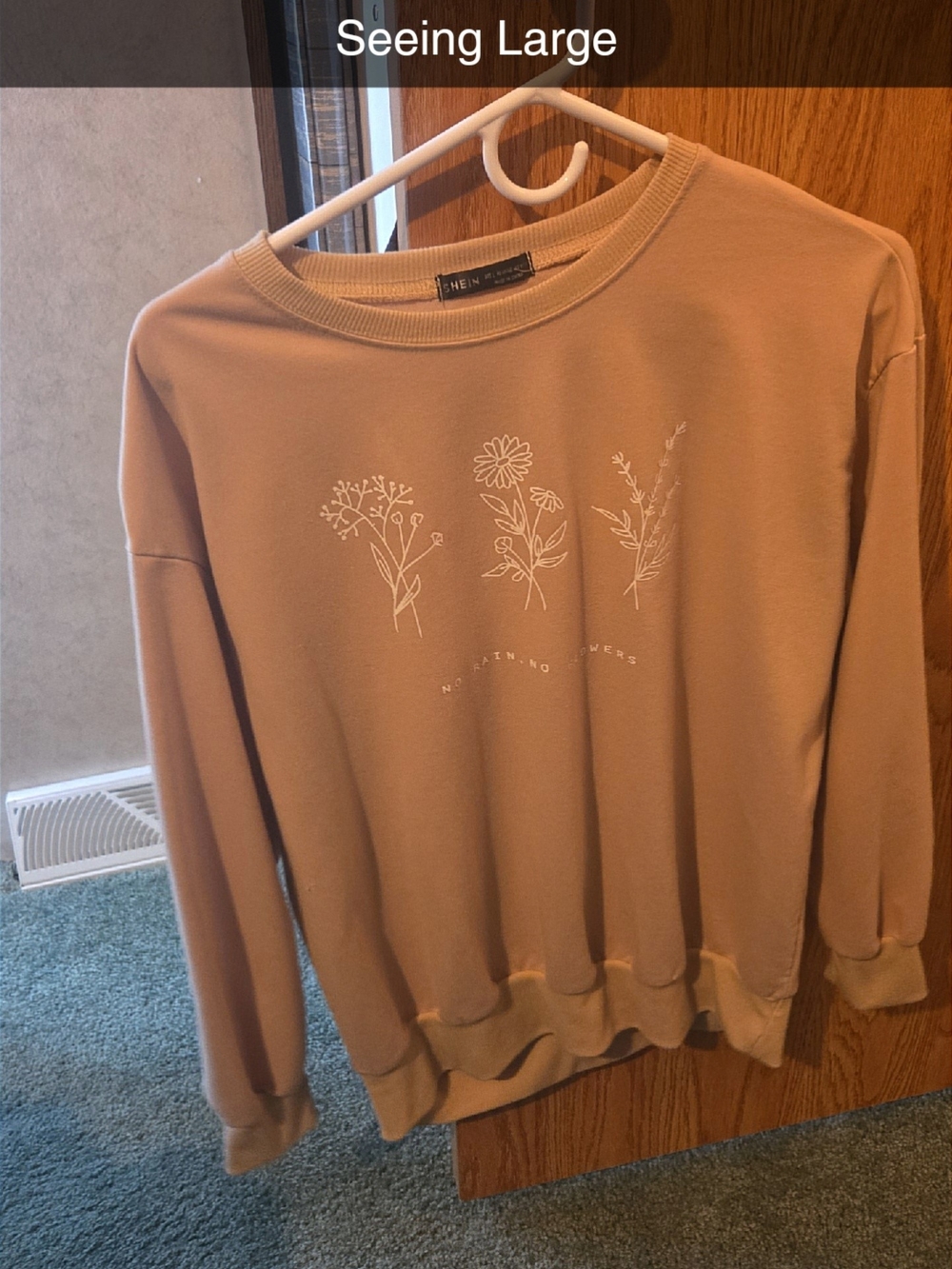 SHEIN Tan Crewneck Sweatshirt with White Floral Sketches